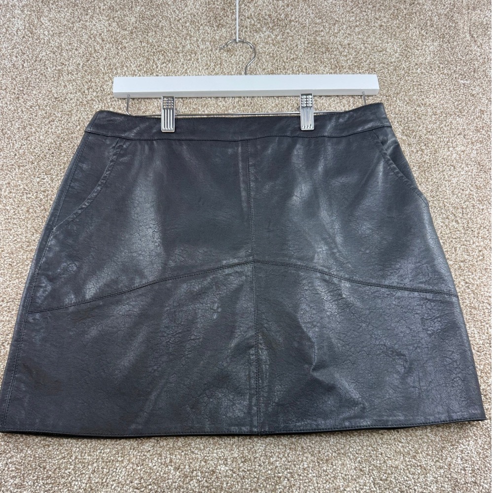 Lulus Black Vegan Faux Leather Mini Skirt Pockets L A-Line Edgy Biker Goth Moto